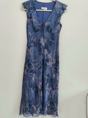 Y2K Babydoll Midi Blue Floral Dress Medium (Jr 13) Vintage Whimsigoth
